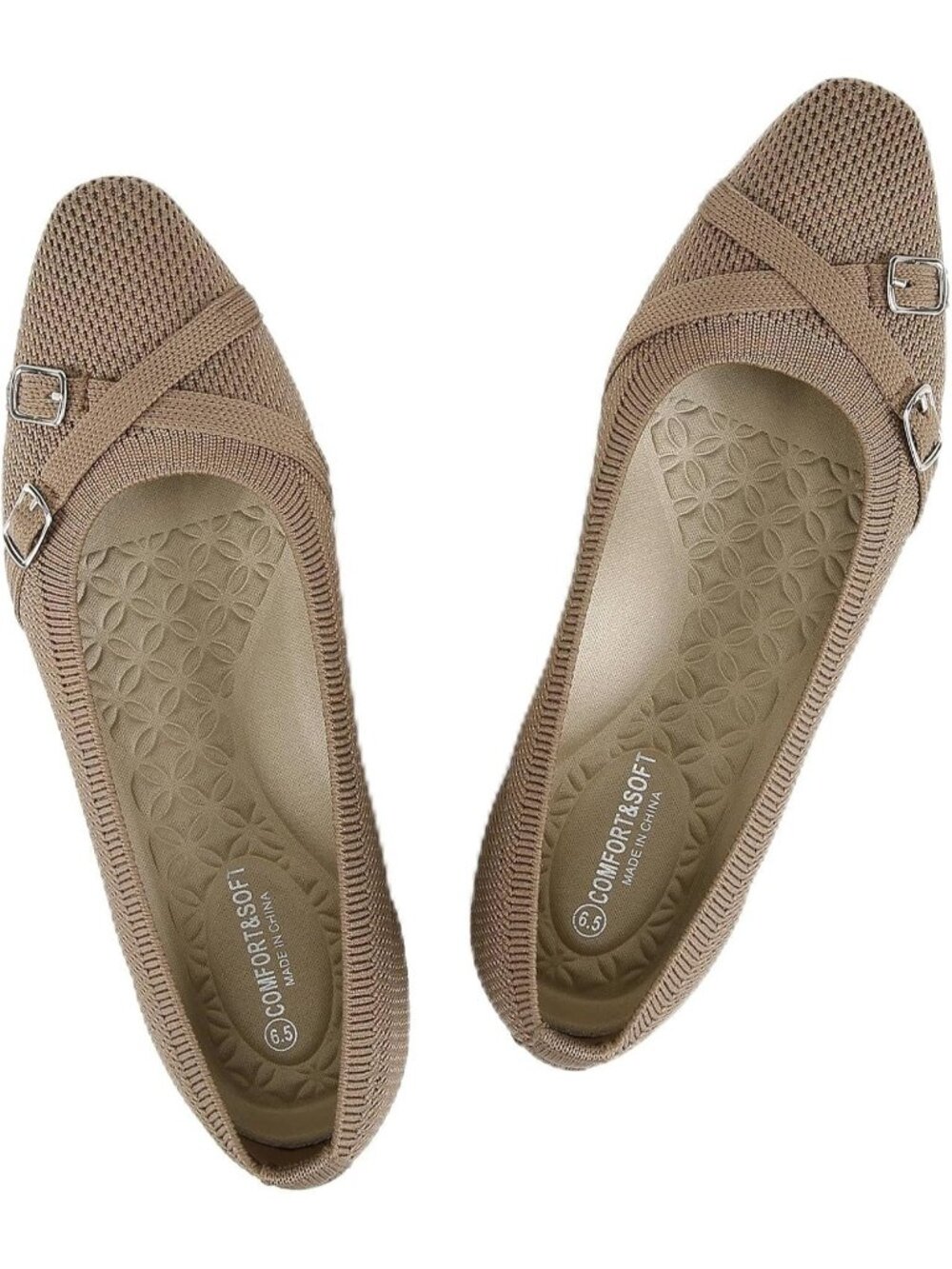 Women's Beige Ballet Flats Dress For Work Business Casual Buckle Comfort Shoes